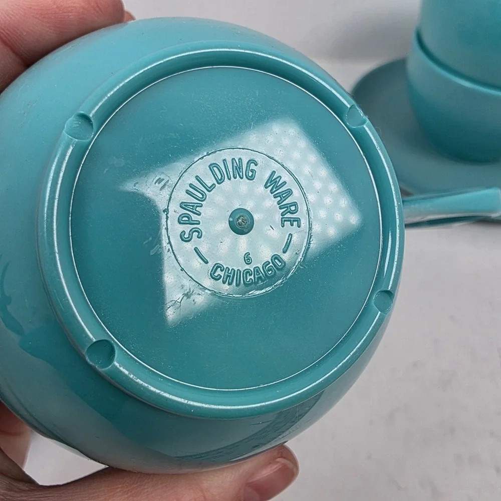 Vtg MCM‎ Spaulding Ware Turquoise Blue Melamine Cups & Saucers Lot of 5 Set